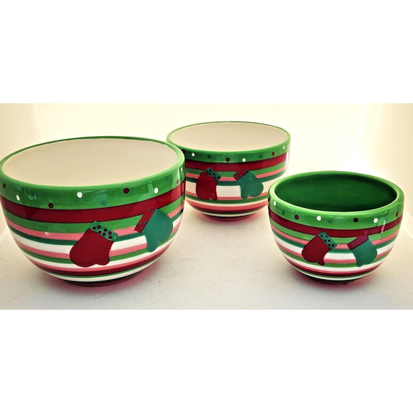 Stacking Bowls-Boston Warehouse-Christmas/Holiday-Green White Red-Set of 3 - Picture 1 of 14